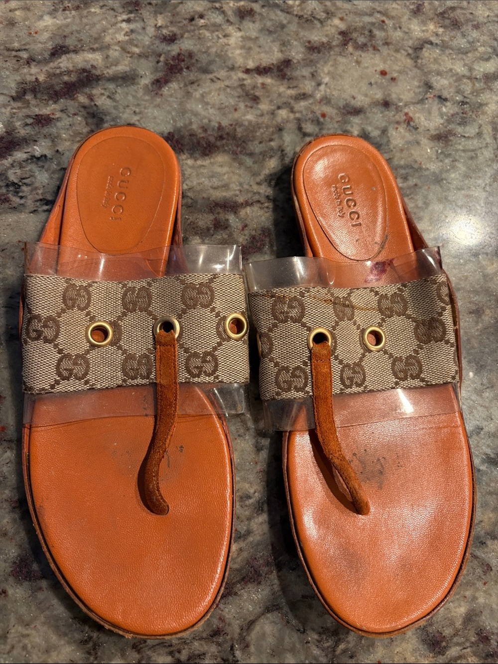 Rare Vintage Gucci Tan Leather & GG Canvas Toe-Loop Slide Sandals